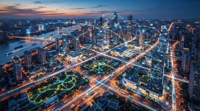 Smart City at Sunset with Digital Data Network Connection and Internet of Things IoT Global Overlay