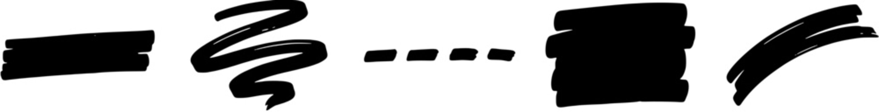 Highlighter marker strokes set including underline, scribble, dashed line, rectangle block and diagonal stroke in black ink.