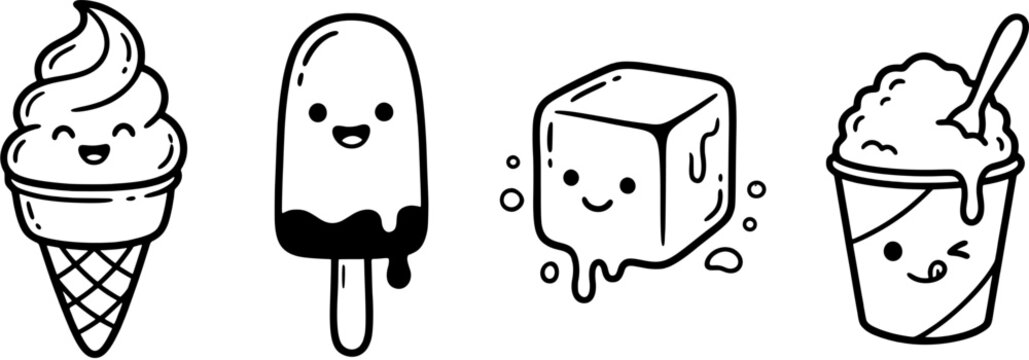 Cute ice cream icon set in a doodle line art style including soft serve cone, popsicle, ice cube and shaved ice cup with kawaii faces.