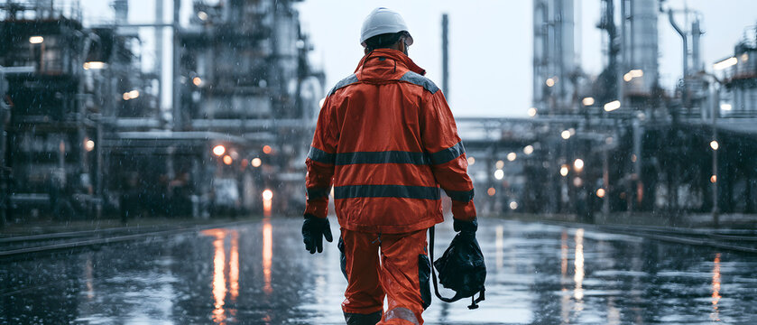A view from behind an industrial worker wearing an orange safety jacket and helmet as they traverse a refinery in drizzling weather. Thoughts related to the oil industry, maintenance, safety, engineer