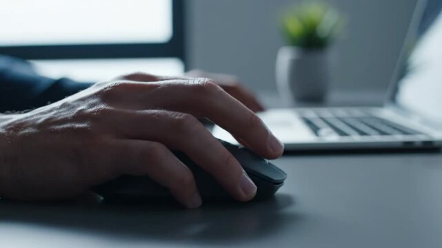 Close up view of hand using a computer mouse near laptop keyboard in a home office environment