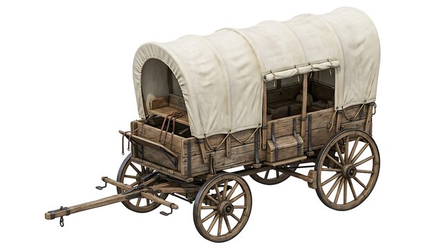 Detailed vintage wooden covered wagon isolated on white background for historical western projects
