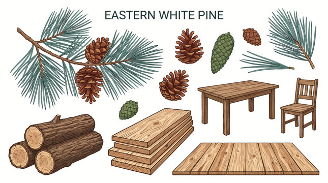 Very beautiful realistic vector set of Eastern White Pine Tree, long needles, pine cones, timber logs, pine boards, table, chair and rustic flooring. Label: "EASTERN WHITE PINE" no gradient, white bac
