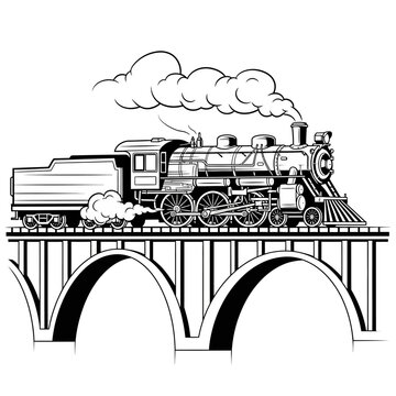 Vintage Steam Locomotive Train Crossing a Bridge, Black and White Illustration