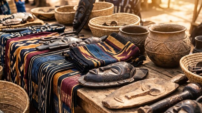 A vibrant and diverse collection of Ivorian crafts showcasing intricate wood car