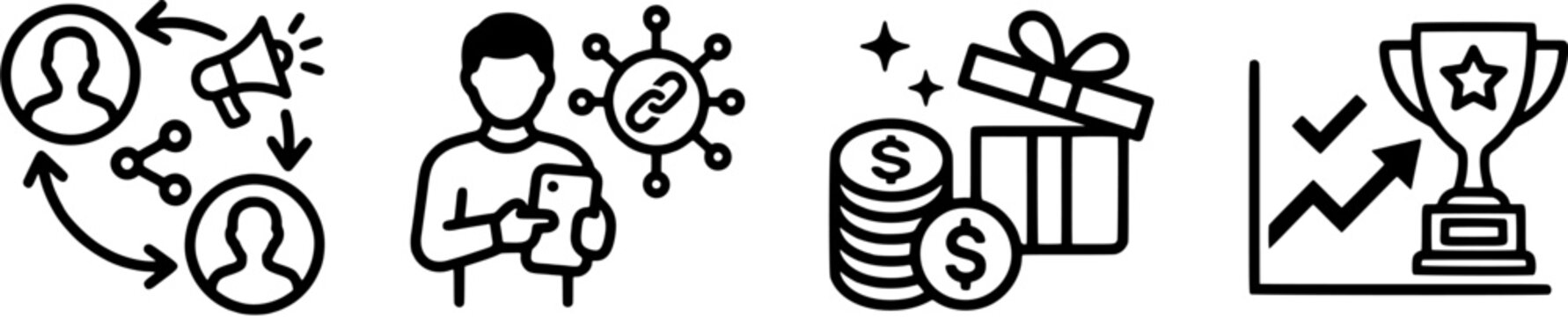 Digital marketing and SEO icon set in a simple black outline style including social sharing, networking, coins, gift box, chart and winner trophy.