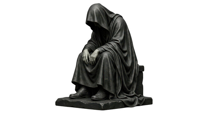 Statue of a hooded figure sitting in a dark robe isolated on transparent background