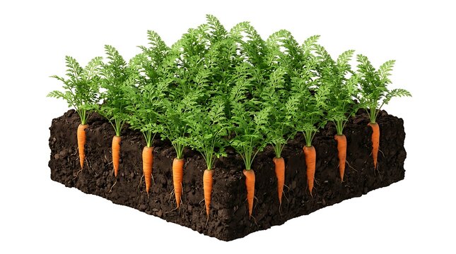 A square soil block with growing orange carrots and green leafy tops isolated on a white background
