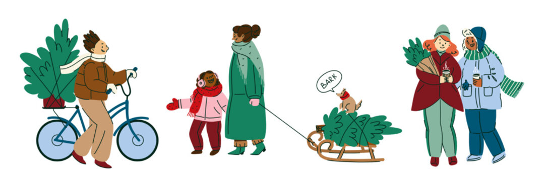 Christmas winter lifestyle illustration with people transporting fir trees by bicycle and sled, family walking with winter drinks, dog pulling a sled, outdoor leisure, festive celebration and active h