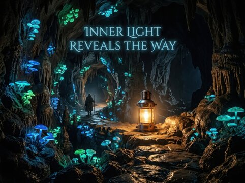 Figure with Lantern Navigates Bioluminescent Cave Path