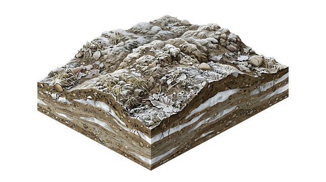 Isometric cross section of frozen earth showing snow covered soil layers isolated on white background