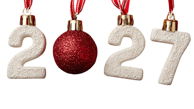 White textured numbers '2027' with red ribbon hangers. One red glittery ornament sits between them. Simple, festive design perfect for holiday or countdown themes