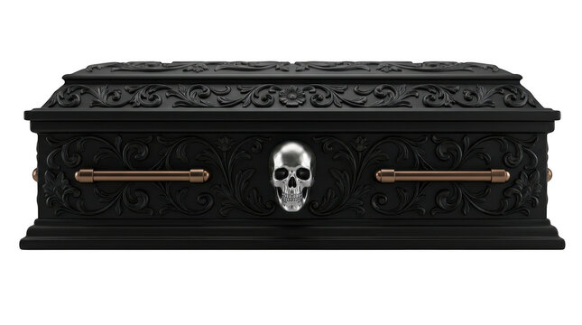 Black gothic coffin with ornate carvings and a silver skull centerpiece isolated on transparent background