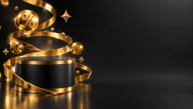 Luxury VIP black and gold sale podium with floating golden ribbons and spheres in a simple setting
