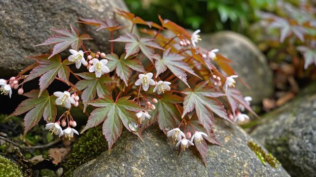 Delicate white flowers and copper-toned maple leaves with green veins growing in a rock garden setting