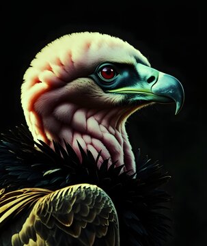 macro profile portrait of a majestic vulture raptor with red eye and pink skin isolated on black background, fine art wildlife concept.