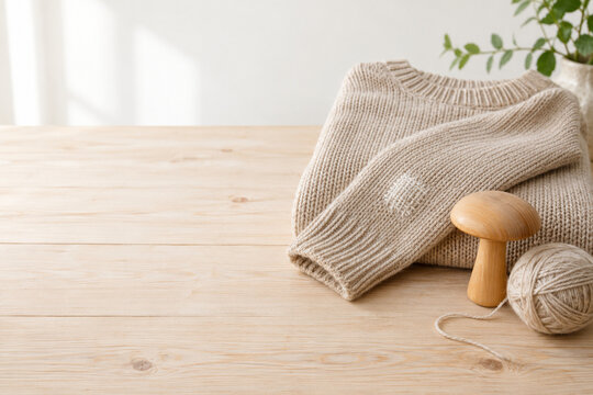 Gestopfter Wollpullover mit Stopfpilz und passendem Garn