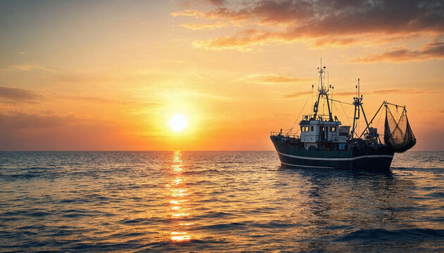 Fishing trawler sails near sunset over a calm sea with warm sky and reflective water. Composition leaves space on the left for text or design elements.