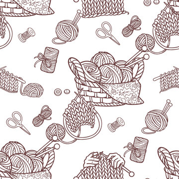 Seamless pattern from crafts &ndash; basket with yarn, knitting, knitting needles, scissors line art.