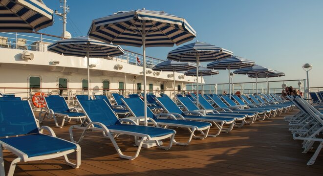 Luxury cruise ship deck with blue lounge chairs and open umbrellas under clear sky