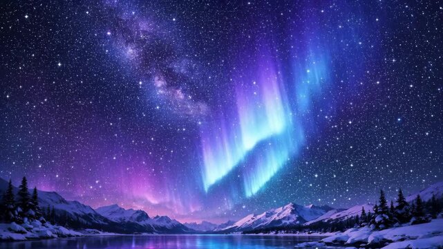 Vibrant auroras dance across a starlit mountain sky