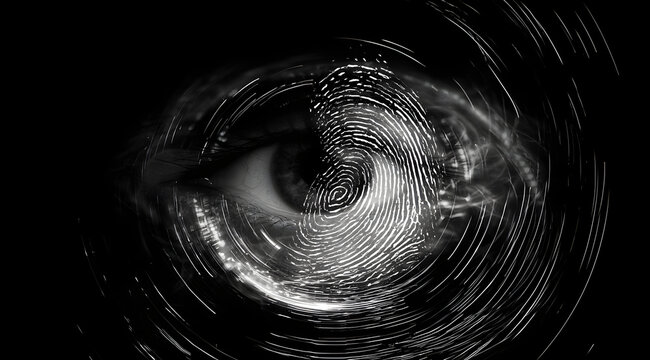 A conceptual, black and white editorial illustration highlights the biometric security idea. Human eye, retina scans and fingerprint identification patterns are utilized for digital access control. Ad