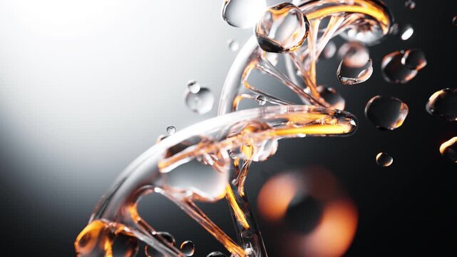 Glass DNA Double Helix with Water Droplets &mdash; Biotech Animation