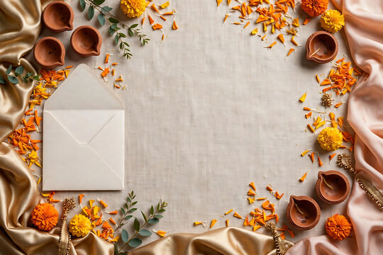 Modern Indian wedding flat lay background, empty invitation table with marigold petals, diyas, and silk, top view