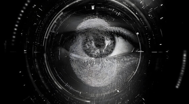 Abstract black and white editorial illustration shows the biometric security concept. Human eye (retina) scan and fingerprint identification patterns are used for digital access control. High-tech aut