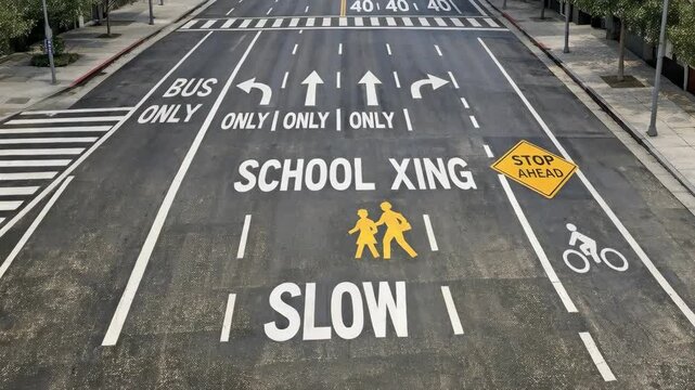 School crossing marked with pedestrian icons and "SLOW" text