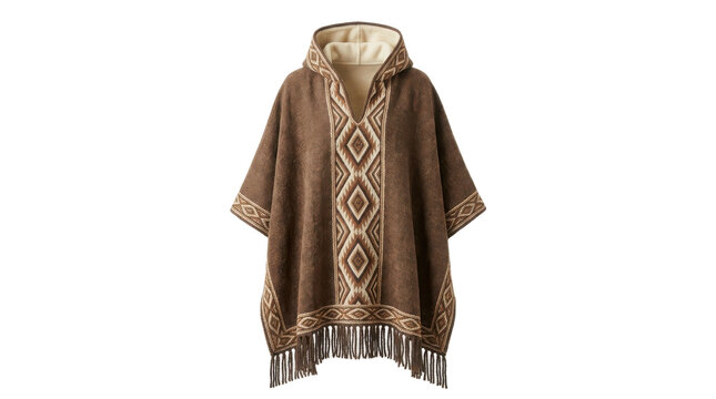 Brown knitted poncho with hood and fringe details