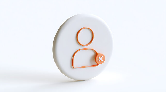 3D render of a white circular icon featuring an orange outline person symbol with a cross sign, representing account deletion or profile remo