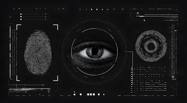 A high-tech editorial illustration in abstract black and white depicts the biometric security concept. It showcases human eye retina scans and fingerprint identification patterns for digital access co