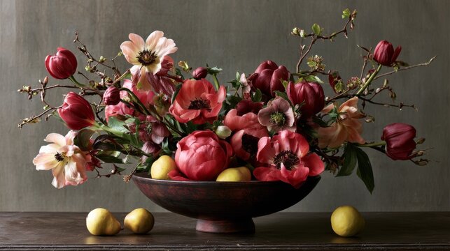 Vibrant Floral Arrangement with Fruits in Elegant Bowl Display
