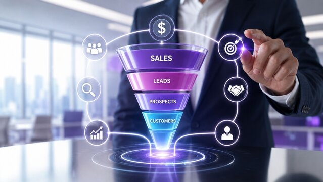 Businessman interacting with digital sales funnel interface representing customer acquisition marketing strategy and lead generation process