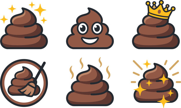 Funny Poop Emoji Icon Set Featuring Sparkling, Happy, Crowned, No Toilet Paper, Smelly and Shiny Cartoon Designs