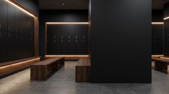 Modern luxury locker room with black design and wooden benches