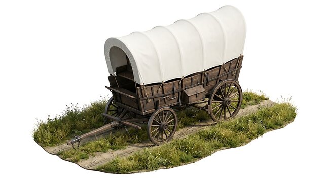 A detailed vintage wooden covered wagon isolated on white background with grass and dirt ground path