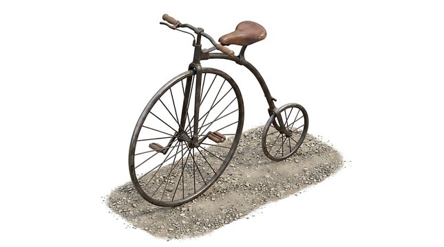 A vintage Penny Farthing bicycle with a large front wheel isolated on a white background with gravel