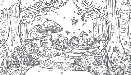 Obraz premium Mushroom Forest Coloring Page Featuring Whimsical Toadstools Butterflies and a Path in Woodland