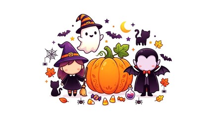 Fototapeta premium Cute Halloween Chibi Characters with Pumpkin and Ghost Vector Illustration- Generative AI
