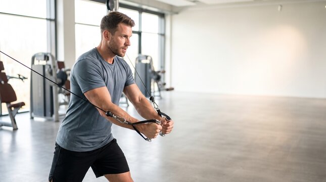 Athletic Man Performing Cable Fly Chest Workout In Modern Gym