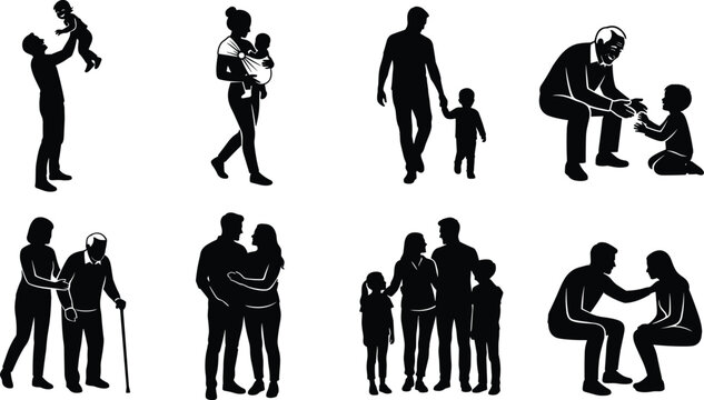 Collection of family silhouettes featuring parents, children, couples, and intergenerational care vector illustration.eps