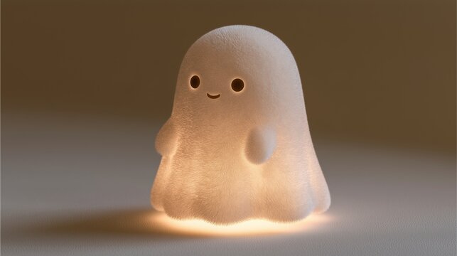 AI生成した、静かに光を灯すふわふわのおばけ型ナイトランプ｜優しい微笑みが心を和ませる癒しの間接照明インテリア