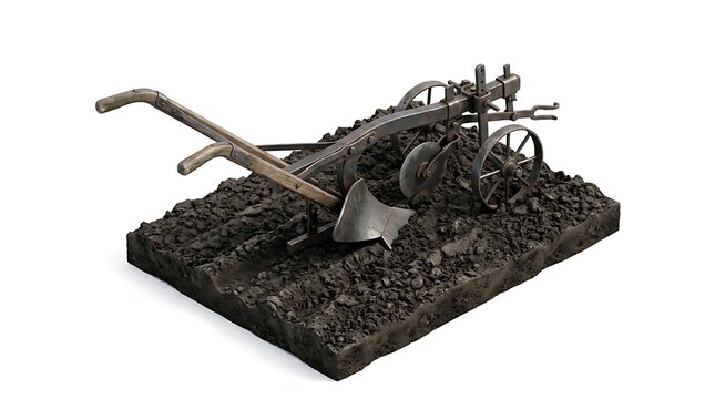 A vintage metal farm plow on a piece of dark tilled soil isolated on a plain white background studio
