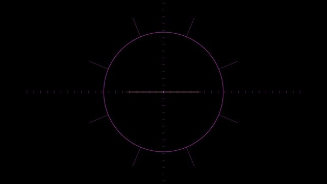 Futuristic sci-fi HUD circle target reticle with crosshair elements and dashed lines on black background motion graphic design