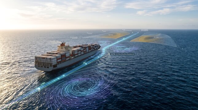 Large container ship navigating ocean route with digital data visualization overlay at sunset