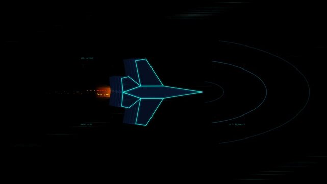 A futuristic 3D wireframe stealth jet in hypersonic flight featuring neon pink aerodynamic shockwaves and speed streams. Seamless looping animation on a dark background, perfect for sci-fi HUDs, tech 