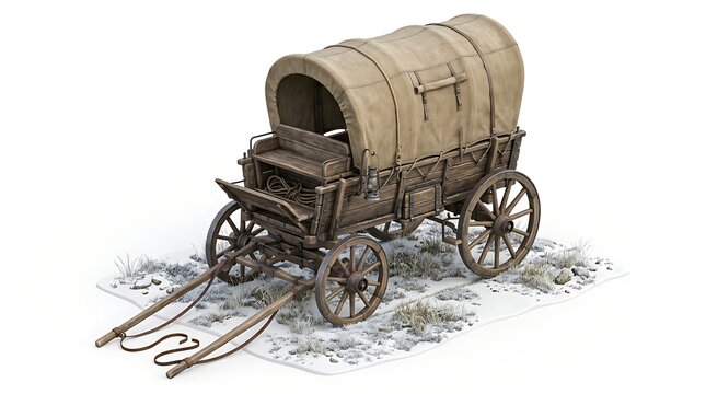 Isolated Antique Wooden Covered Wagon Used for Western Expansion on Snowy Ground White Background