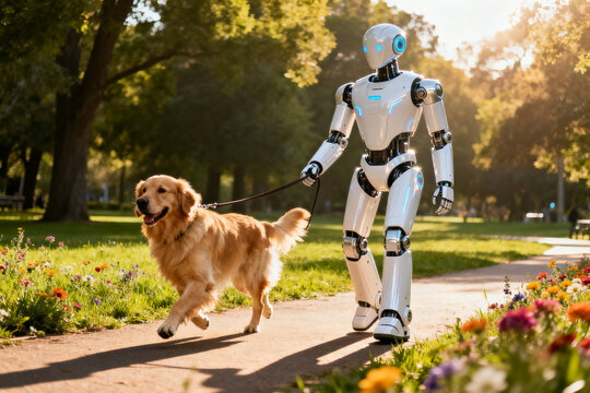 Humanoid android robot walking dog pet